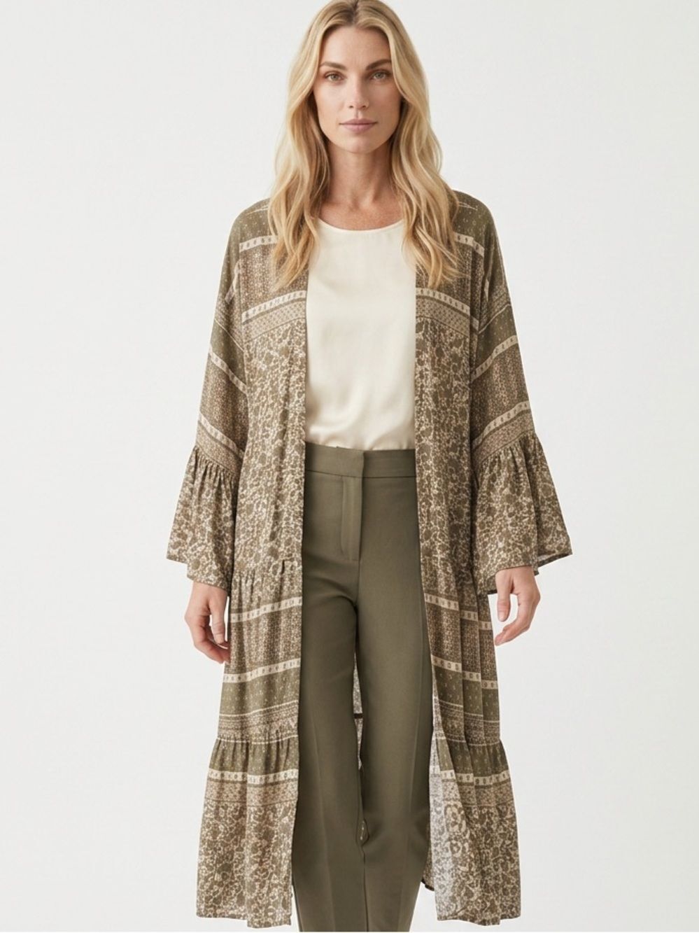 AUDREY 3+1 | Boho Duster Kimono Green Tan Women’s Size Medium